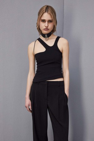 Black Patrizia Pepe Essential Asymmetrical Neckline Jersey Top | WNH034689