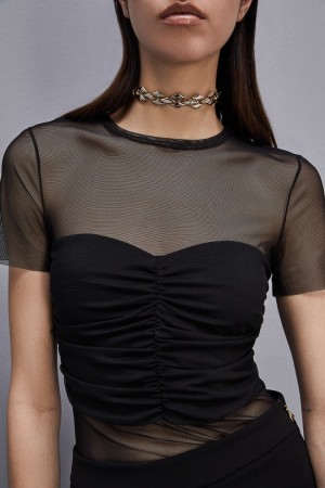 Black Patrizia Pepe Slim T-shirt In Stretch Tulle | CWJ173928
